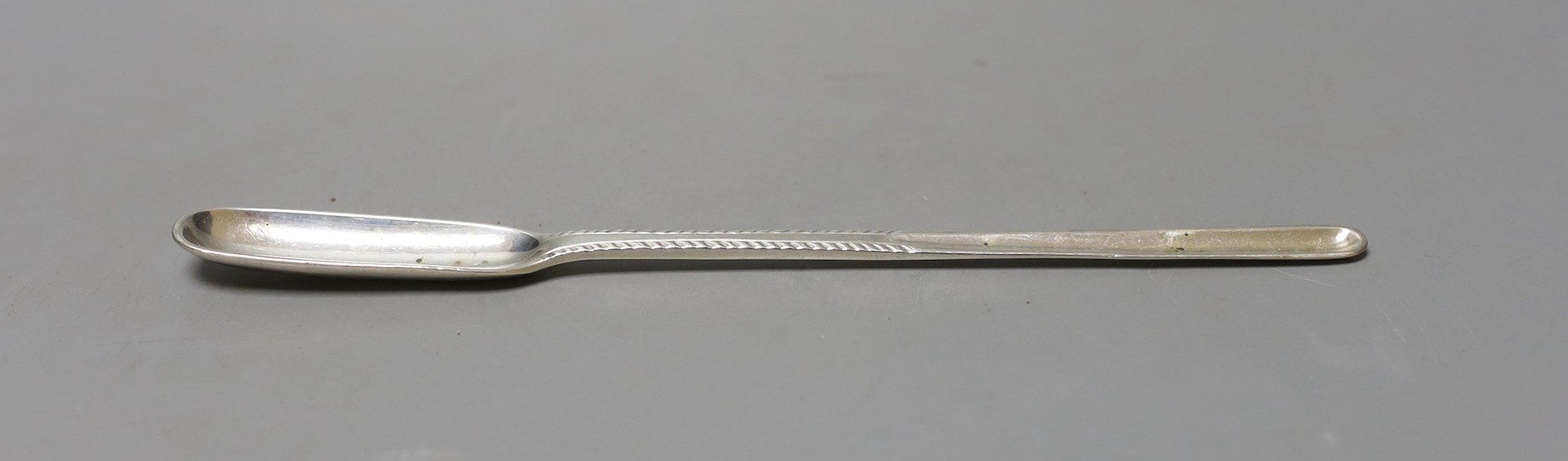 A George III silver feather edge marrow scoop, John Lampfert, London, 1772, 22cm, 45 grams.